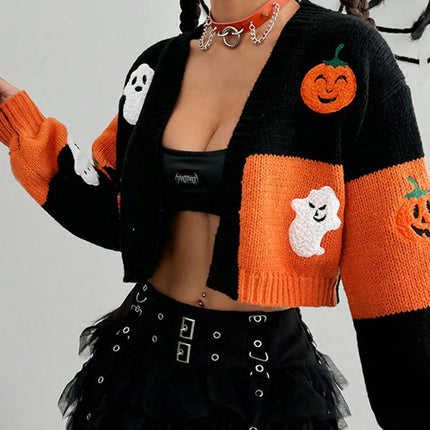 Women Ghost Halloween Cropped Long Sleeve Open Front Knitt Cardigan Sweater