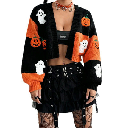 Women Ghost Halloween Cropped Long Sleeve Open Front Knitt Cardigan Sweater