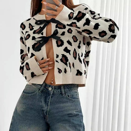 Womens Print Cardigan Long Sleeve Crew Neck Tie Open Front Knit Sweater