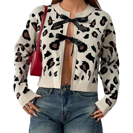 Womens Print Cardigan Long Sleeve Crew Neck Tie Open Front Knit Sweater