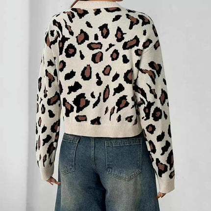 Womens Print Cardigan Long Sleeve Crew Neck Tie Open Front Knit Sweater