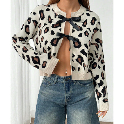 Womens Print Cardigan Long Sleeve Crew Neck Tie Open Front Knit Sweater