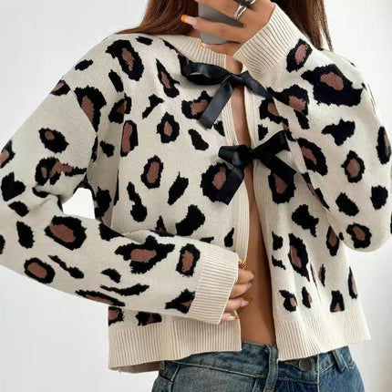 Womens Print Cardigan Long Sleeve Crew Neck Tie Open Front Knit Sweater