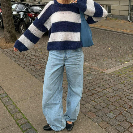 Women's Fall Long Sleeve Crew Neck Striped Color Block Knitted Pullover Sweater