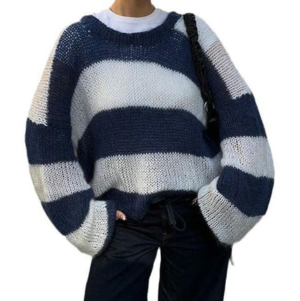 Women's Fall Long Sleeve Crew Neck Striped Color Block Knitted Pullover Sweater