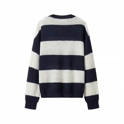 Women's Fall Long Sleeve Crew Neck Striped Color Block Knitted Pullover Sweater
