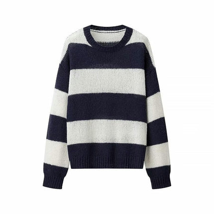 Women's Fall Long Sleeve Crew Neck Striped Color Block Knitted Pullover Sweater