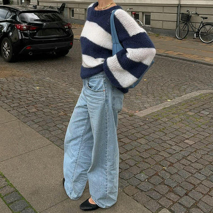 Women's Fall Long Sleeve Crew Neck Striped Color Block Knitted Pullover Sweater