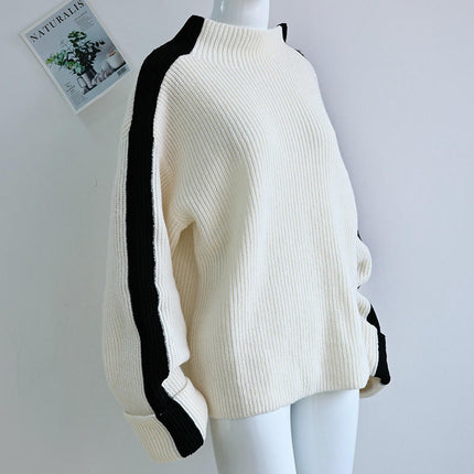 Women's Turtleneck Sweater Knit Pullover Loose Color Block Long Sleeve Tops