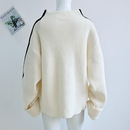 Women's Turtleneck Sweater Knit Pullover Loose Color Block Long Sleeve Tops