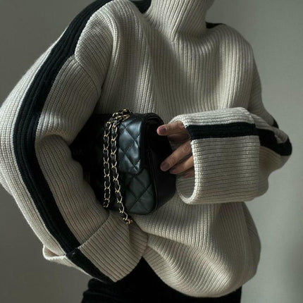 Women's Turtleneck Sweater Knit Pullover Loose Color Block Long Sleeve Tops
