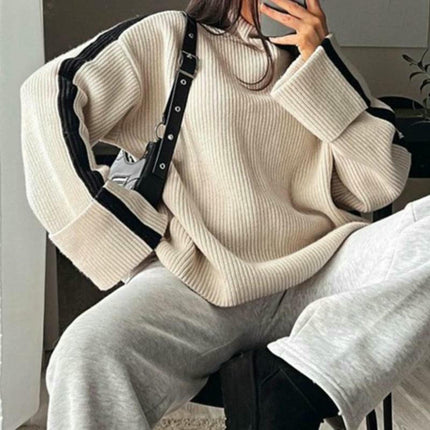 Women's Turtleneck Sweater Knit Pullover Loose Color Block Long Sleeve Tops
