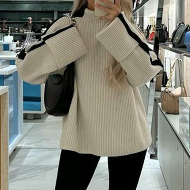 Women's Turtleneck Sweater Knit Pullover Loose Color Block Long Sleeve Tops