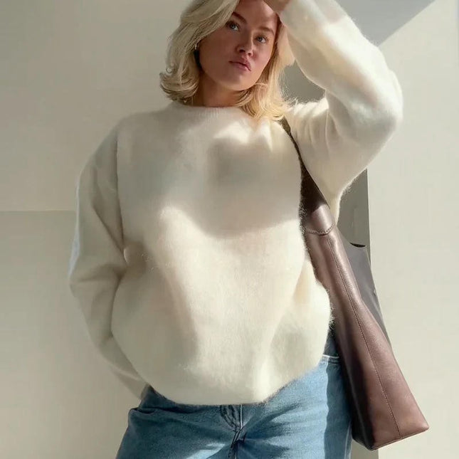 Women Fuzzy Fall Winter Long Sleeve Knit Pullover Crewneck Sweater