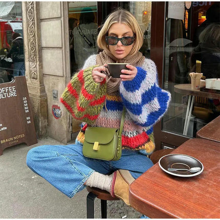 Women Fall Stripe Color Block Long Sleeve Knit Pullover Loose Crewneck Sweater