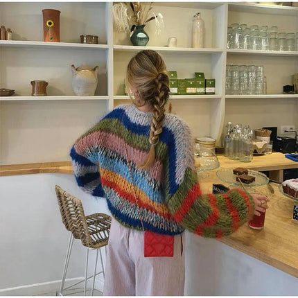 Women Fall Stripe Color Block Long Sleeve Knit Pullover Loose Crewneck Sweater