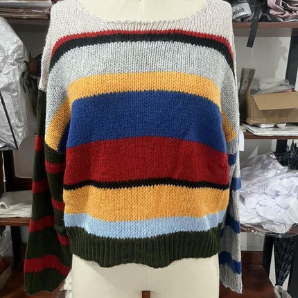 Women Fall Stripe Color Block Long Sleeve Knit Pullover Loose Crewneck Sweater