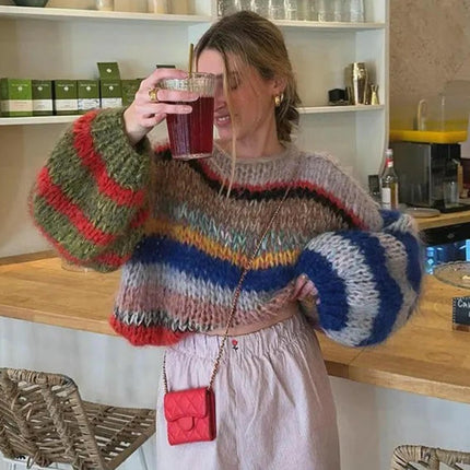 Women Fall Stripe Color Block Long Sleeve Knit Pullover Loose Crewneck Sweater