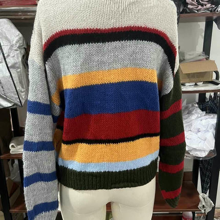 Women Fall Stripe Color Block Long Sleeve Knit Pullover Loose Crewneck Sweater