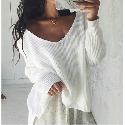 Womens V-Neck Long Sleeves Sweater Knitted High Low Pullover Tops