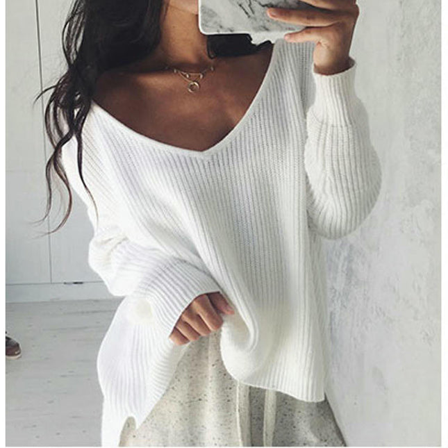 Womens V-Neck Long Sleeves Sweater Knitted High Low Pullover Tops