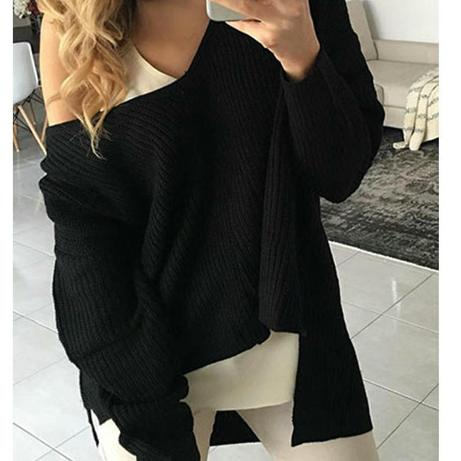 Womens V-Neck Long Sleeves Sweater Knitted High Low Pullover Tops