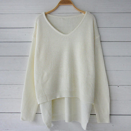 Womens V-Neck Long Sleeves Sweater Knitted High Low Pullover Tops