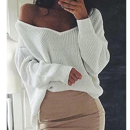Womens V-Neck Long Sleeves Sweater Knitted High Low Pullover Tops