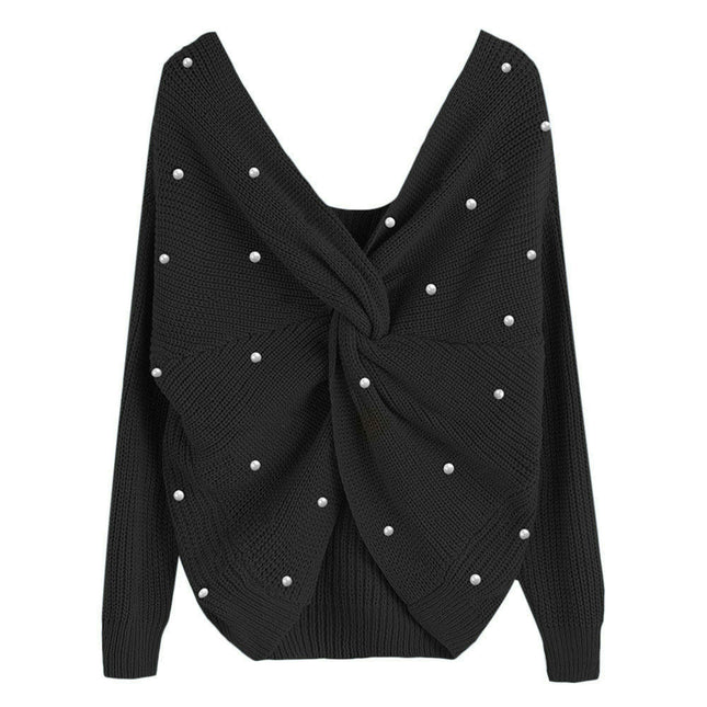 Women's Pullover Sweaters Sexy V Neck Long Sleeve Twsit Knot Cropped Knit Tops