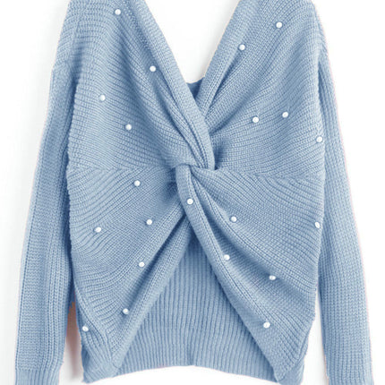 Women's Pullover Sweaters Sexy V Neck Long Sleeve Twsit Knot Cropped Knit Tops