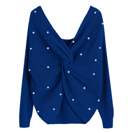 Women's Pullover Sweaters Sexy V Neck Long Sleeve Twsit Knot Cropped Knit Tops