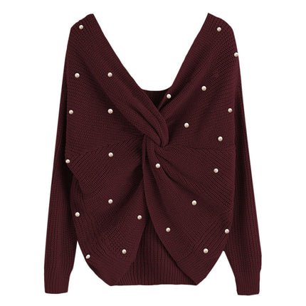 Women's Pullover Sweaters Sexy V Neck Long Sleeve Twsit Knot Cropped Knit Tops