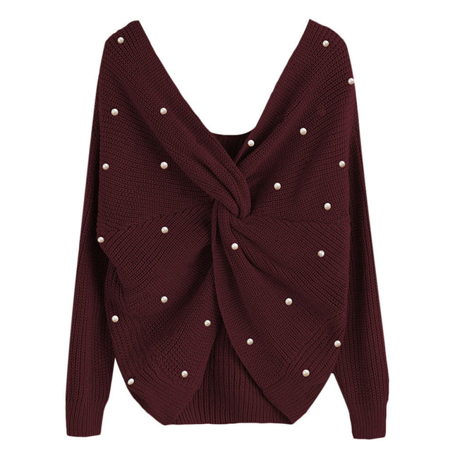 Women's Pullover Sweaters Sexy V Neck Long Sleeve Twsit Knot Cropped Knit Tops
