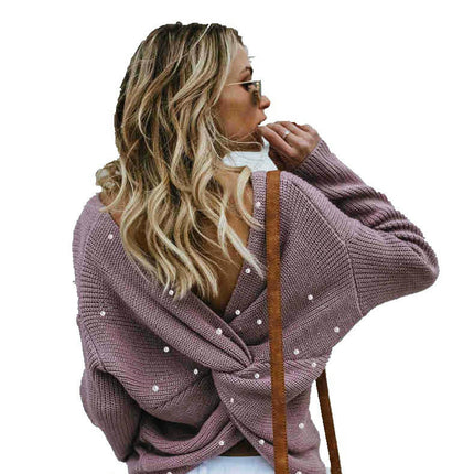 Women's Pullover Sweaters Sexy V Neck Long Sleeve Twsit Knot Cropped Knit Tops