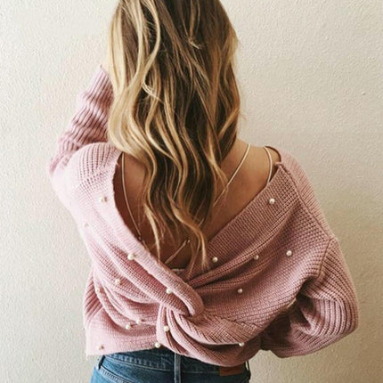 Women's Pullover Sweaters Sexy V Neck Long Sleeve Twsit Knot Cropped Knit Tops