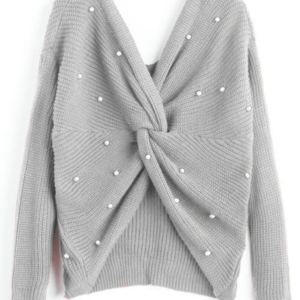 Women's Pullover Sweaters Sexy V Neck Long Sleeve Twsit Knot Cropped Knit Tops