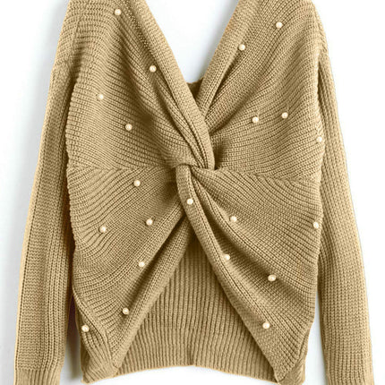 Women's Pullover Sweaters Sexy V Neck Long Sleeve Twsit Knot Cropped Knit Tops