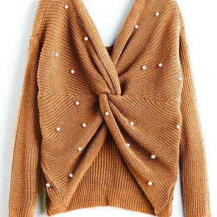 Women's Pullover Sweaters Sexy V Neck Long Sleeve Twsit Knot Cropped Knit Tops