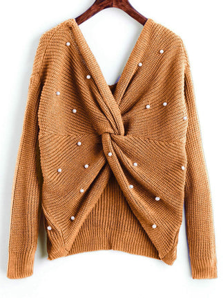 Women's Pullover Sweaters Sexy V Neck Long Sleeve Twsit Knot Cropped Knit Tops