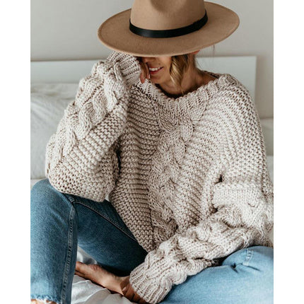 Women's Fall Long Sleeve Crew Neck Cable Knit Chunky Pullover Sweater Tops