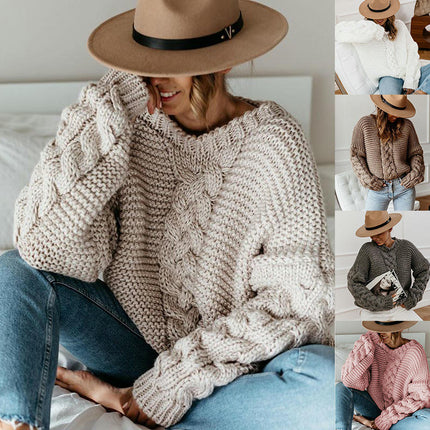 Women's Fall Long Sleeve Crew Neck Cable Knit Chunky Pullover Sweater Tops