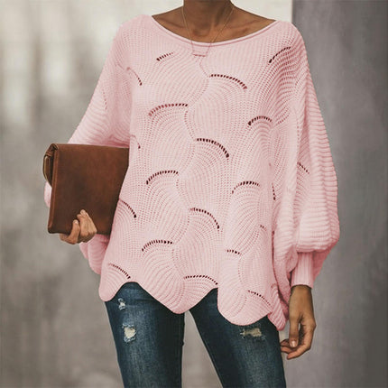 Women's Fall Batwing Long Sleeve Crew Neck Hollow Knit Pullover Sweater Tops