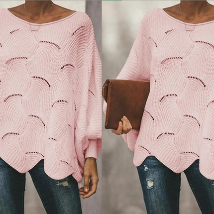 Women's Fall Batwing Long Sleeve Crew Neck Hollow Knit Pullover Sweater Tops