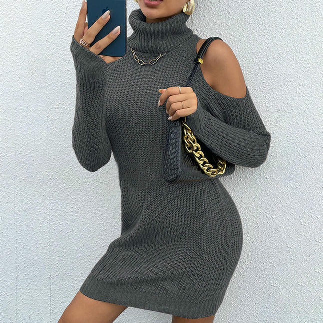 Women Turtleneck Cold Shoulder Long Sleeve Knit Pullover Fall Sweater Dresses