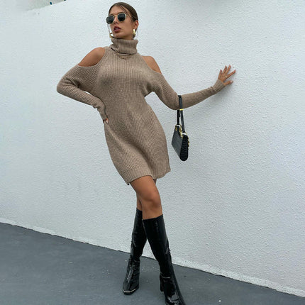 Women Turtleneck Cold Shoulder Long Sleeve Knit Pullover Fall Sweater Dresses