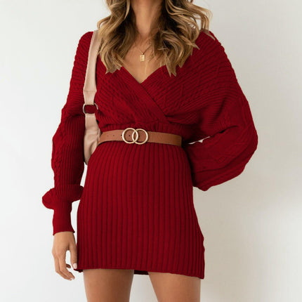 Women's V Neck Wrap Sweater Dress Long Sleeve Cable Knit Bodycon Mini Dress