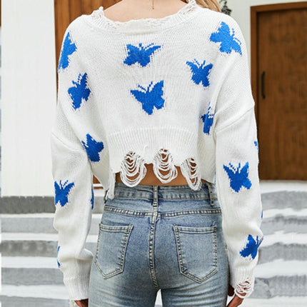 Women's Cropped Sweater Knit Long Sleeve Crewneck Ripped Print Pullover Top