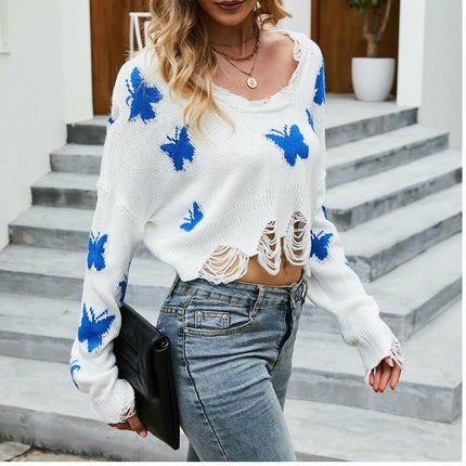 Women's Cropped Sweater Knit Long Sleeve Crewneck Ripped Print Pullover Top
