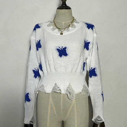 Women's Cropped Sweater Knit Long Sleeve Crewneck Ripped Print Pullover Top