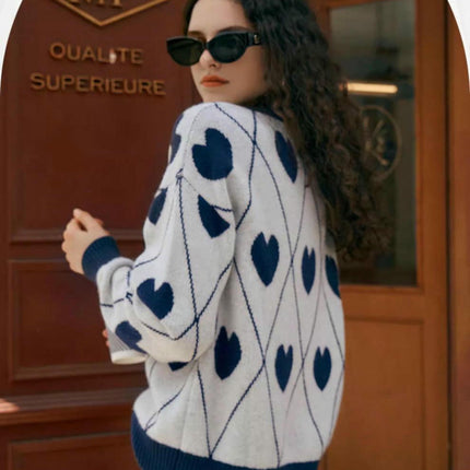 Women's Sweater Fall Long Sleeve Crewneck Knit Heart Print Pullover Tops